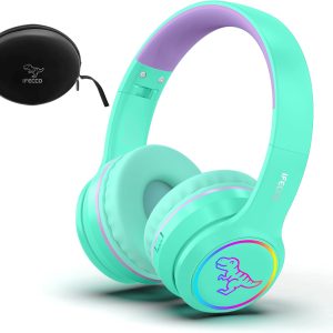 IFECCO Wireless Kids Boys Headphones with Microphone,Cute Light Up Dinosaur Children Bluetooth Headphones Volume-limiting for for School Travel,Boys Gifts for 3-12years