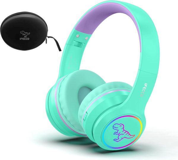 IFECCO Wireless Kids Boys Headphones with Microphone,Cute Light Up Dinosaur Children Bluetooth Headphones Volume-limiting for for School Travel,Boys Gifts for 3-12years