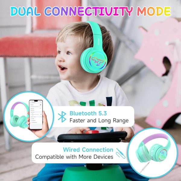 IFECCO Wireless Kids Boys Headphones with Microphone,Cute Light Up Dinosaur Children Bluetooth Headphones Volume-limiting for for School Travel,Boys Gifts for 3-12years - Image 3