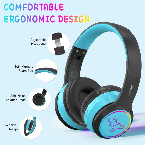 IFECCO Wireless Kids Boys Headphones with Microphone,Cute Light Up Dinosaur Children Bluetooth Headphones Volume-limiting for for School Travel,Boys Gifts for 3-12years - Image 32
