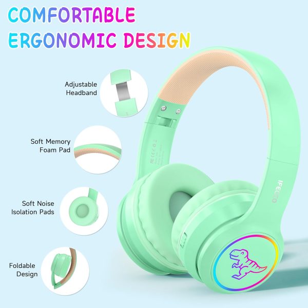IFECCO Wireless Kids Boys Headphones with Microphone,Cute Light Up Dinosaur Children Bluetooth Headphones Volume-limiting for for School Travel,Boys Gifts for 3-12years - Image 52