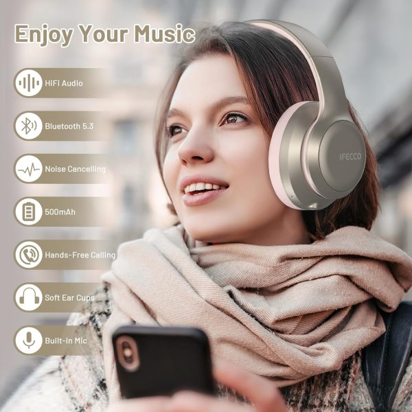 IFECCO Bluetooth Headphones Over Ear,Wireless Noise Canceling Headphones with Microphone,Foldable HiFi Stereo Bluetooth Headset with Soft Protein Earpads for Travel,Home,Office (Pink) - Image 2