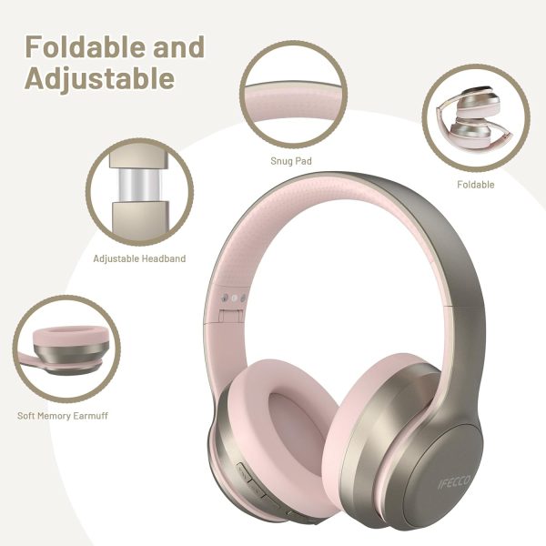 IFECCO Bluetooth Headphones Over Ear,Wireless Noise Canceling Headphones with Microphone,Foldable HiFi Stereo Bluetooth Headset with Soft Protein Earpads for Travel,Home,Office (Pink) - Image 3