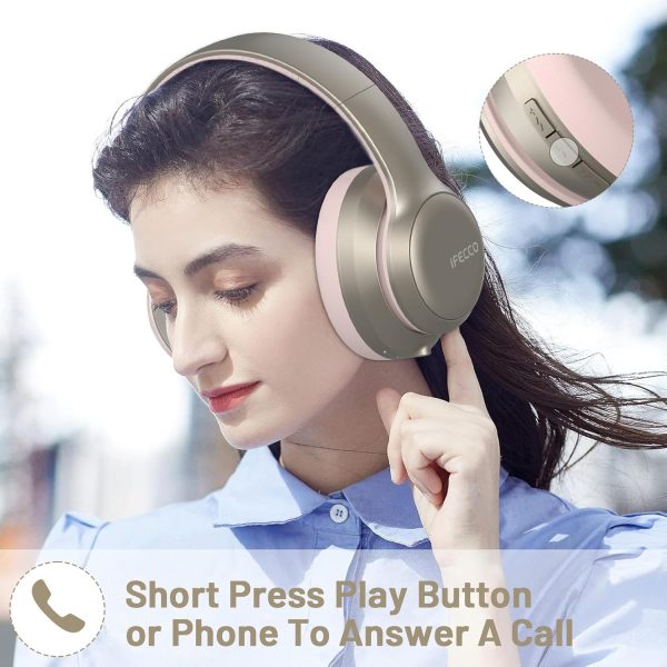 IFECCO Bluetooth Headphones Over Ear,Wireless Noise Canceling Headphones with Microphone,Foldable HiFi Stereo Bluetooth Headset with Soft Protein Earpads for Travel,Home,Office (Pink) - Image 5