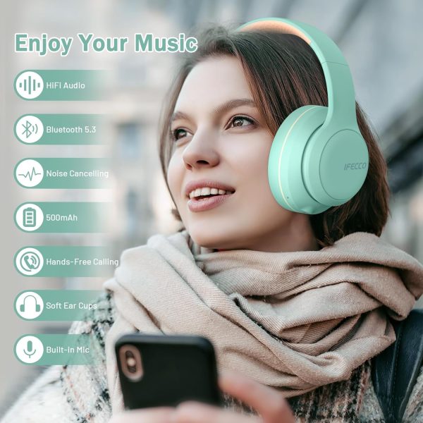IFECCO Bluetooth Headphones Over Ear,Wireless Noise Canceling Headphones with Microphone,Foldable HiFi Stereo Bluetooth Headset with Soft Protein Earpads for Travel,Home,Office (Pink) - Image 9
