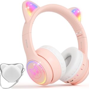 IFECCO Wireless Kids Headphones with Microphone,Foldable Cute Light Up Cat Ear Children Girls Bluetooth Headphones with Case for School Gifts Travel