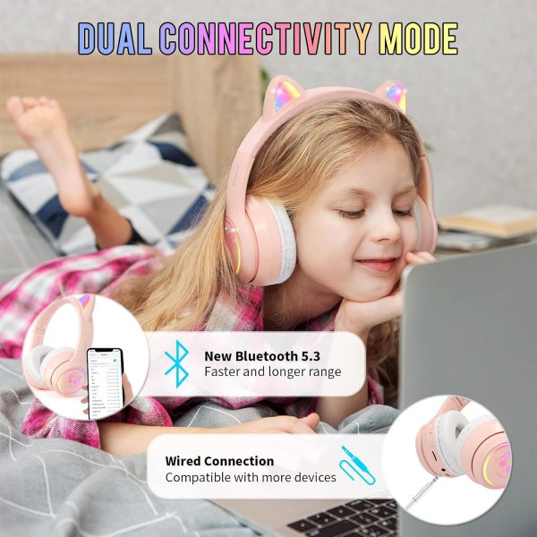 IFECCO Wireless Kids Headphones with Microphone,Foldable Cute Light Up Cat Ear Children Girls Bluetooth Headphones with Case for School Gifts Travel - Image 3