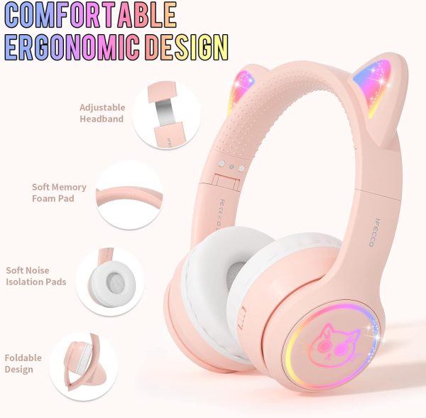 IFECCO Wireless Kids Headphones with Microphone,Foldable Cute Light Up Cat Ear Children Girls Bluetooth Headphones with Case for School Gifts Travel - Image 4