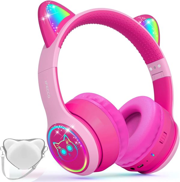 IFECCO Wireless Kids Headphones with Microphone,Foldable Cute Light Up Cat Ear Children Girls Bluetooth Headphones with Case for School Gifts Travel - Image 8