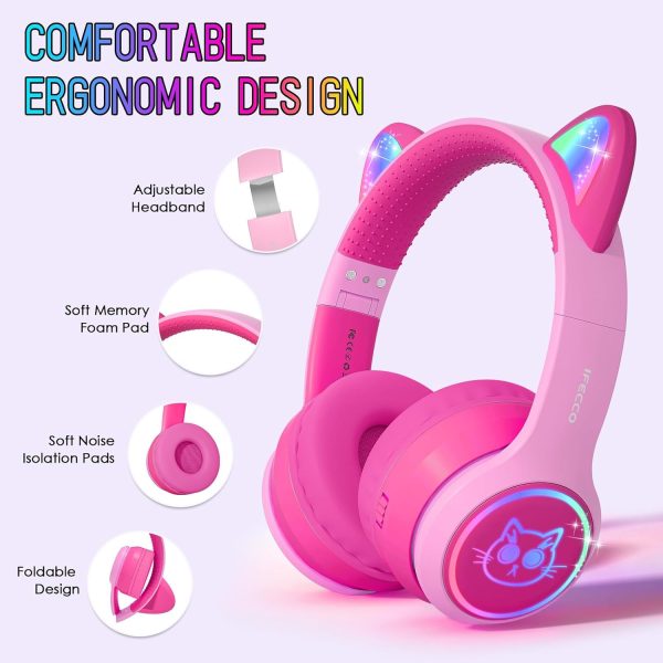 IFECCO Wireless Kids Headphones with Microphone,Foldable Cute Light Up Cat Ear Children Girls Bluetooth Headphones with Case for School Gifts Travel - Image 11