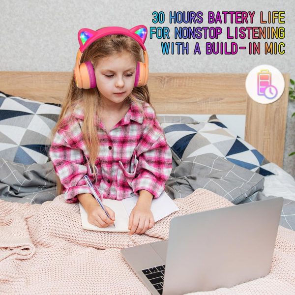 IFECCO Wireless Kids Headphones with Microphone,Foldable Cute Light Up Cat Ear Children Girls Bluetooth Headphones with Case for School Gifts Travel - Image 17