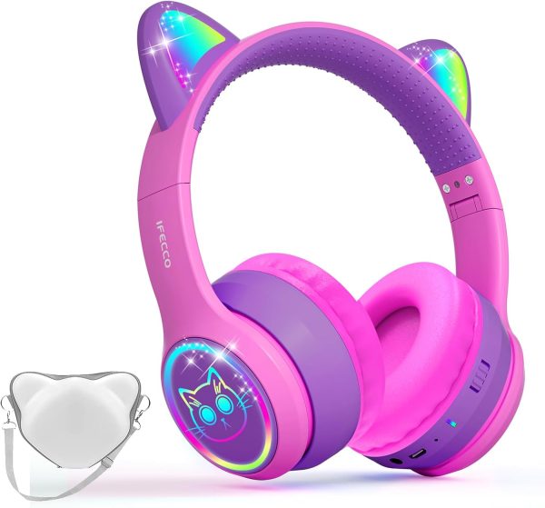IFECCO Wireless Kids Headphones with Microphone,Foldable Cute Light Up Cat Ear Children Girls Bluetooth Headphones with Case for School Gifts Travel - Image 29