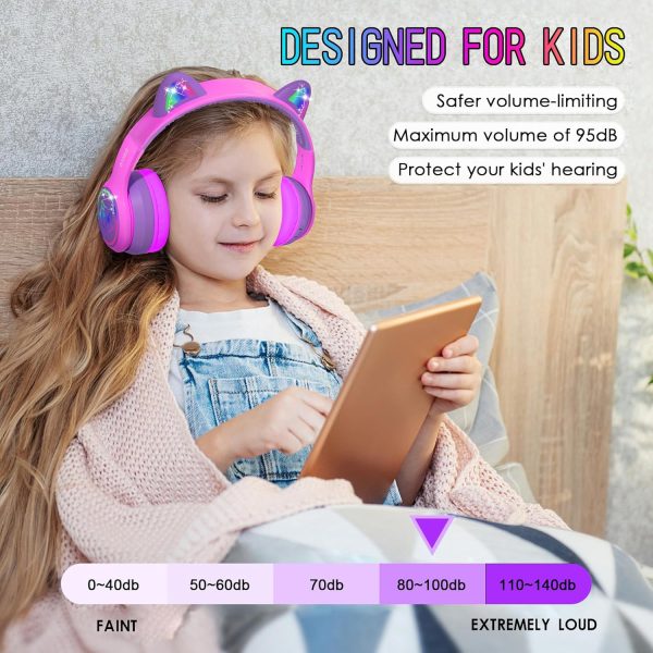 IFECCO Wireless Kids Headphones with Microphone,Foldable Cute Light Up Cat Ear Children Girls Bluetooth Headphones with Case for School Gifts Travel - Image 30