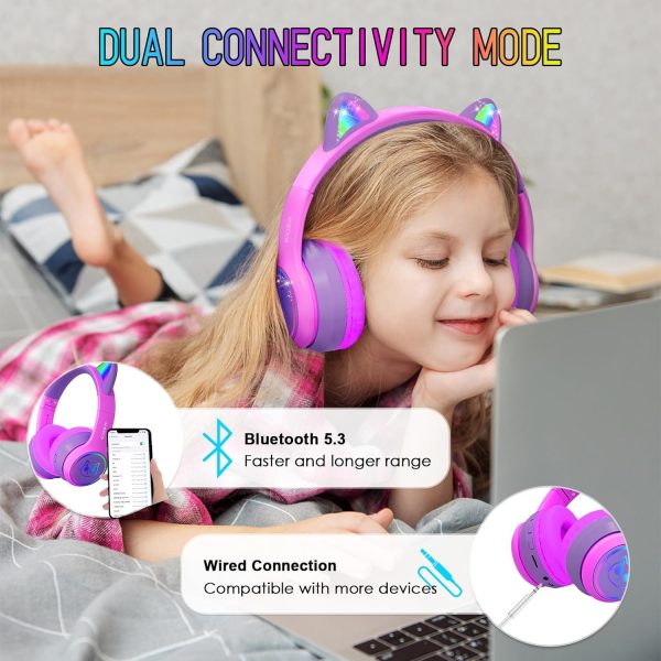 IFECCO Wireless Kids Headphones with Microphone,Foldable Cute Light Up Cat Ear Children Girls Bluetooth Headphones with Case for School Gifts Travel - Image 31