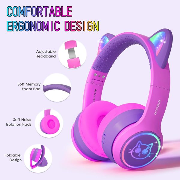 IFECCO Wireless Kids Headphones with Microphone,Foldable Cute Light Up Cat Ear Children Girls Bluetooth Headphones with Case for School Gifts Travel - Image 32